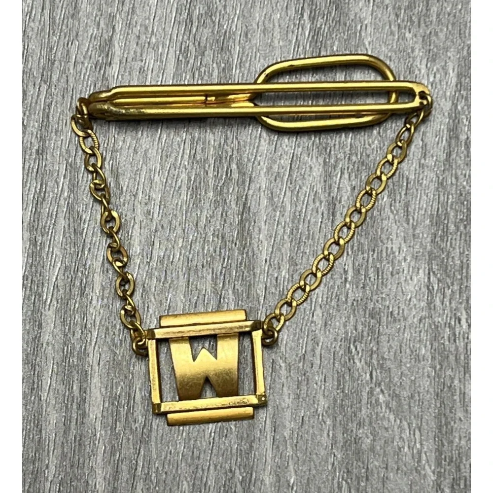 Vintage Swank Gold Tone Tie Clip Bar Chain Initial Letter W Men's‎ Accessory